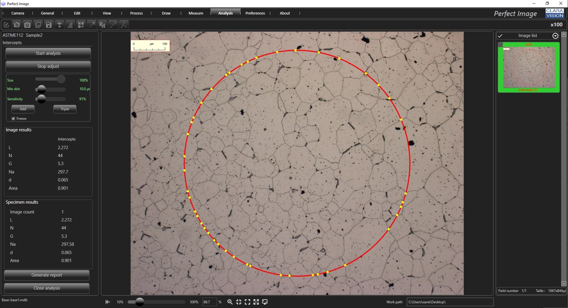 Interceptions des tailles de grains en metallographie